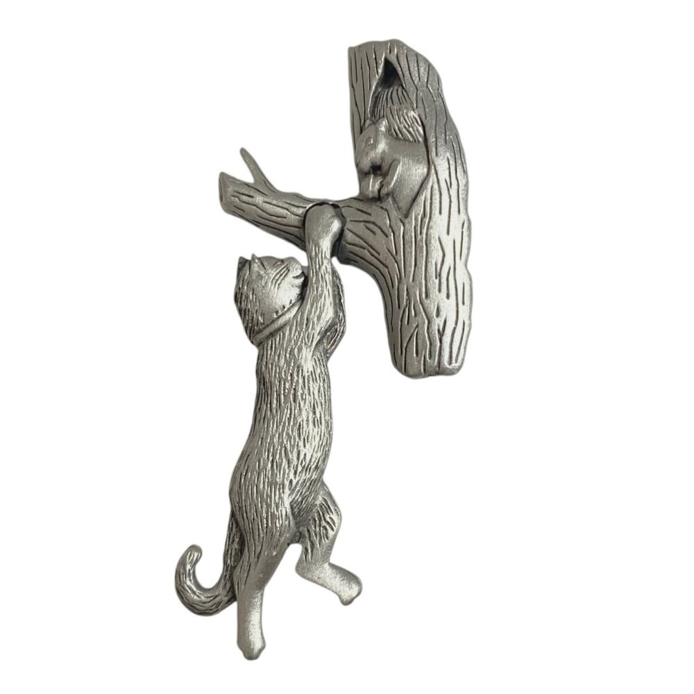 Vintage JJ Jonette Jewelry Cat Dangle & Squirrel Tree Branch Brooch Pin Pewter